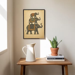 Stacked Elephants Art Print, Indian Folk Art, Boho Home Decor