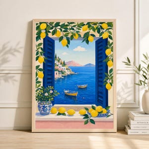 May include: A framed art print depicts a coastal scene through a blue shuttered window. Yellow lemons and green leaves adorn the frame. The view includes a blue sea, yellow boats, and a village with white buildings. A blue and white vase holds flowers.