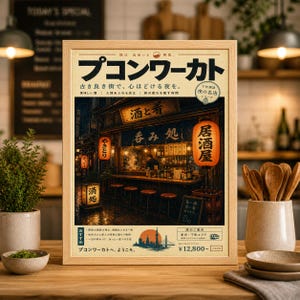 Puede incluir: Un grabado enmarcado que presenta una ilustración detallada de un izakaya japonés por la noche. La obra de arte incluye texto japonés, faroles y una escena de bar. El grabado está en un marco de madera.