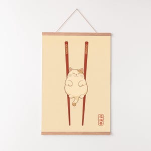 Lámina artística de gato japonés, decoración de pared minimalista zen, póster de palillos con gato imagen 8