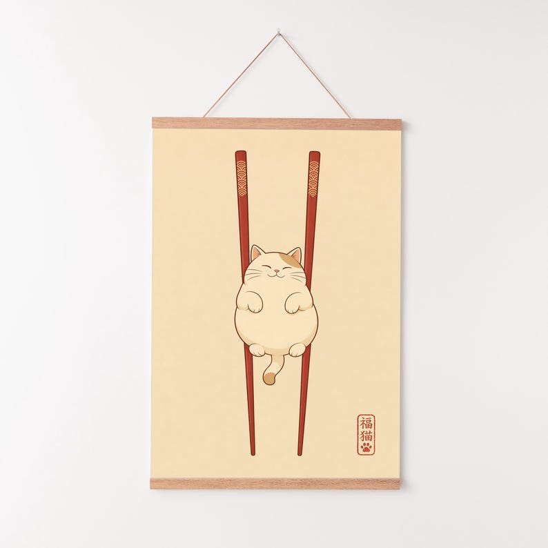 Lámina artística de gato japonés, decoración de pared minimalista zen, póster de palillos con gato imagen 8