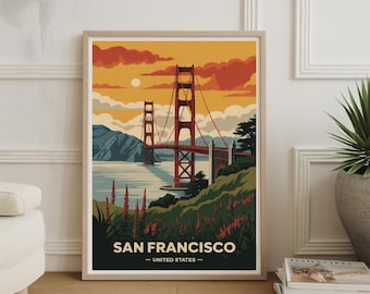 Póster de viaje del puente Golden Gate de San Francisco: Impresión de arte mural con paisaje urbano