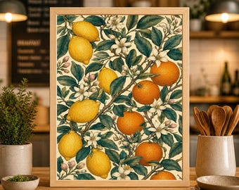 Lámina de frutas de William Morris, arte mural botánico floral cítrico vintage