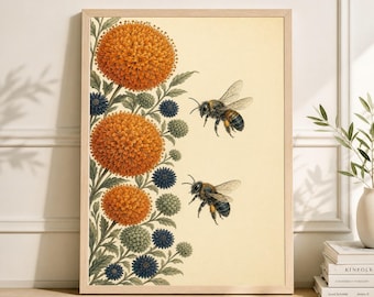 Bee Illustration Poster, Botanical Insect Art, Orange Blue Floral Wall Decor