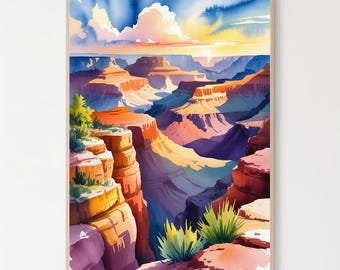 May include: Watercolor painting of a canyon landscape with vibrant colors. The artwork features a sunset with orange, yellow, and blue hues. The canyon walls are depicted in shades of orange, purple, and red, with green plants in the foreground. The painting is framed.