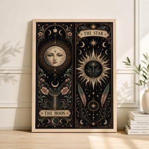May include: A framed art print with two panels, each showcasing celestial imagery. One panel displays the moon with the text "THE MOON", the other the sun with "THE STAR". The artwork has a vintage aesthetic, with detailed designs and a dark colour scheme.