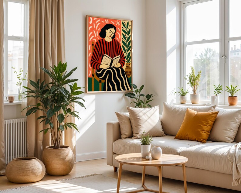 Woman Reading Book Art Print, 70s Retro Poster, Expressionist Figurative Wall Decor image 4