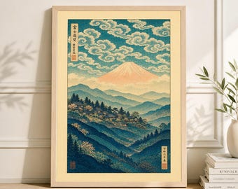Japanese Woodblock Mountain Landscape Poster | Minimalist Farmland Art Print | Scenic Nature Wall Decor