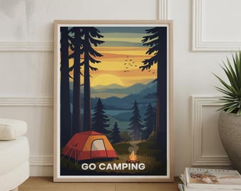 Retro Camping Adventure Poster – Vanlife, Hiking, Campfire Art Print