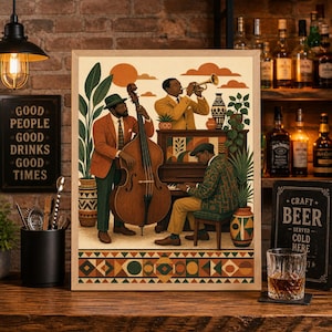 May include: A framed art print depicting a jazz band with a double bass, trumpet, and piano. The musicians are dressed in suits, with a warm color palette of orange, brown, and green. The background includes decorative elements and a brick wall.