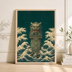 May include: Framed art print featuring a detailed illustration of a stone guardian lion atop a pillar, surrounded by stylized ocean waves. The artwork has a vintage aesthetic with a teal background and a wooden frame.
