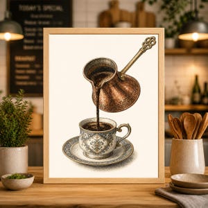May include: A framed print depicts coffee being poured from a copper pot into a decorative teacup and saucer. The cup and saucer have a blue and gold floral design. The pot has an ornate handle. The background is a neutral cream color.