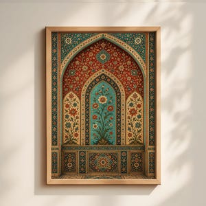 May include: A framed print with an intricate, arched design and floral patterns. The artwork displays a central teal panel with a floral motif, framed by red and teal patterns. The wooden frame provides a natural element to the detailed, colourful design.