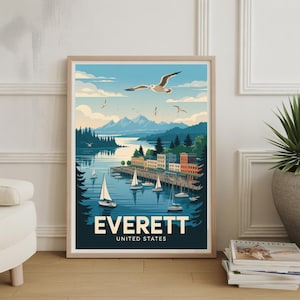 Póster turístico de Everett: mapa panorámico de Estados Unidos de estilo vintage.