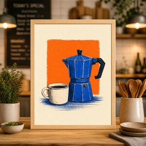 以下が含まれることがあります： 青いエスプレッソメーカーと白いコーヒーカップがオレンジ色の背景に描かれたフレーム入りプリント。イラストのスタイルはヴィンテージ広告を彷彿とさせ、キッチンの装飾に最適です。