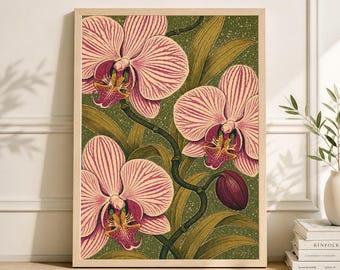 Botanical Orchid Print, Vintage Art Nouveau Floral Wall Art, Pink Magenta Decor
