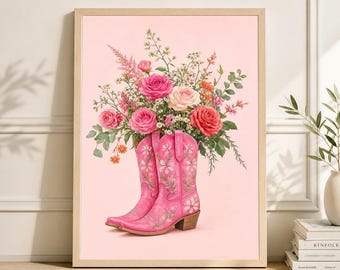 Pink Cowboy Boots Floral Art Print, Western Home Decor, Feminine Botanical Wall Art