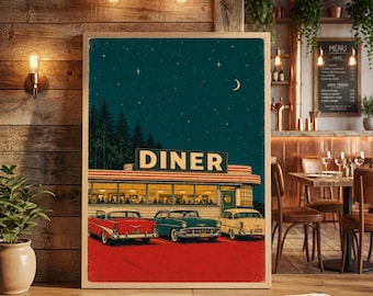 Plakat z grafiką retro diner, klasyczne samochody amerykańskie w stylu vintage, sztuka ścienna z połowy XX wieku