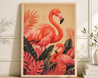 Póster de flamenco, ilustración de pájaro rosa y naranja, arte mural estilo linograbado tropical.