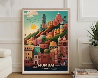 Mumbai stadsgezicht aquarel kunstafdruk: India reisposter