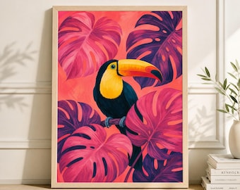 Toucan Bird Poster, Pink Monstera Leaves, Bold Tropical Botanical Wall Art