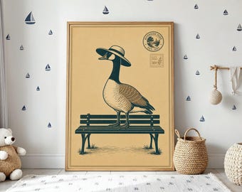 Goose on Bench Poster, Minimal Animal Wall Art, Vintage Japanese Woodblock Print