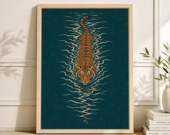 Japanese Tiger Art Print, Teal Oriental Zen Wall Decor, Woodblock Style Swimming Tiger Poster