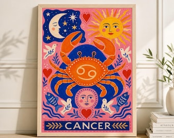 Cancer Zodiac Sign Art Print, Celestial Crab Poster, Boho Wall Decor