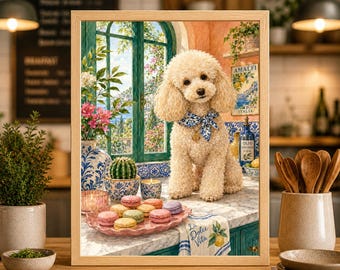 Lámina artística de caniche, perro color crema con macarons, decoración acogedora para la pared de la cocina.