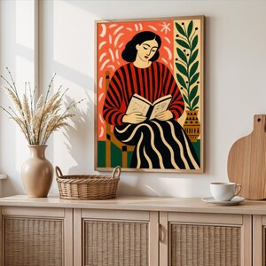 Woman Reading Book Art Print, 70s Retro Poster, Expressionist Figurative Wall Decor image 5