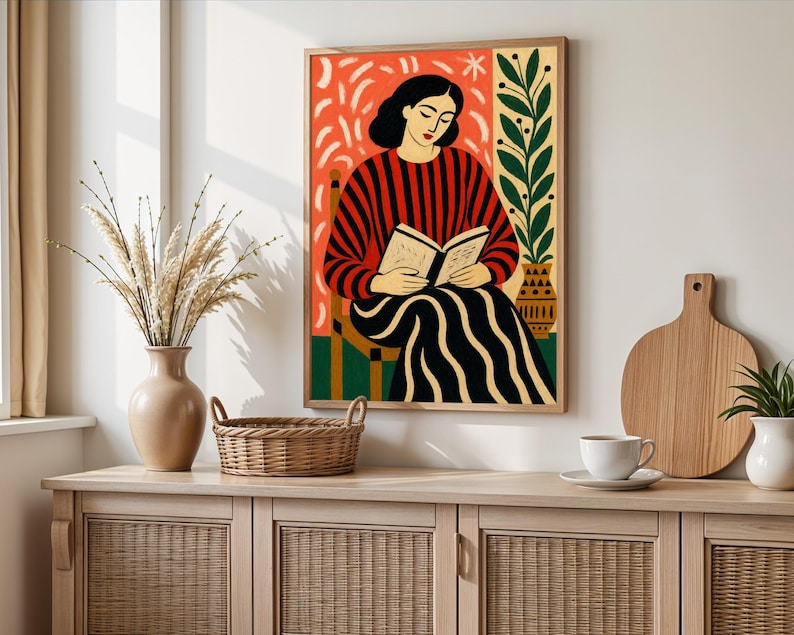 Woman Reading Book Art Print, 70s Retro Poster, Expressionist Figurative Wall Decor image 5