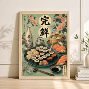 Japansk sushi-affisch, minimalistisk asiatisk köksväggkonst, vintage sushi-stillebentryck