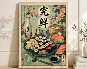 Japanese Sushi Poster, Minimalist Asian Kitchen Wall Art, Vintage Sushi Still Life Print