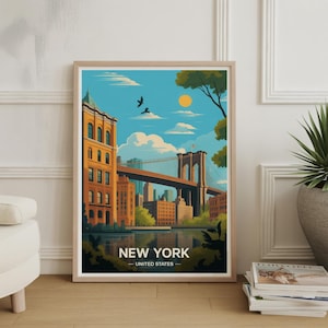 Most Brookliński w Nowym Jorku – plakat podróżniczy w stylu vintage, dekoracja domu
