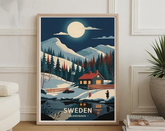 Sweden Travel Poster - Scandinavian Landscape Wall Art, Home Office Decor, Gift for Travelers