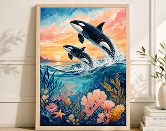 Affiche d'épaulard, impression d'art de la faune marine côtière, décoration murale océan aquarelle