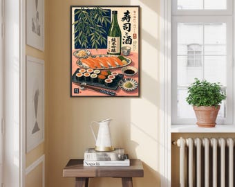 Japanese Sushi Art Print, Modern Asian Kitchen Decor, Sake Bottle Food Poster Wall Art