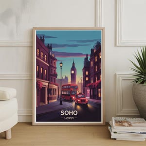 Affiche de voyage Soho Londres - art du club de jazz de Ronnie Scott, déco musique blues, art mural rétro, illustration concert du West End