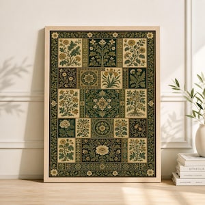 May include: A framed art print featuring a repeating pattern of floral designs in shades of green, gold, and cream. The artwork is displayed in a light-colored wooden frame. The overall aesthetic is reminiscent of vintage botanical illustrations.