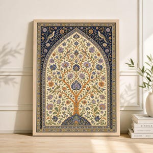 May include: A framed art print depicting a detailed tree design with floral and bird patterns. The artwork uses a warm colour scheme with orange, blue, and purple hues on a cream backdrop. The frame is a light wood colour.