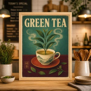 May include: A framed print with a vintage illustration of green tea. The artwork depicts a teacup with a tea plant growing out of it, on a red saucer. The words "GREEN TEA" are at the top, with Japanese text at the bottom.