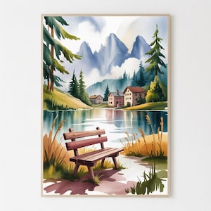 May include: Watercolor painting of a serene landscape featuring a lake, mountains, and houses. A wooden bench sits in the foreground. The artwork uses soft blues, greens, and browns to depict the natural scenery. The image is framed.