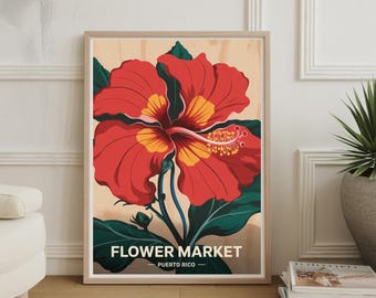 Puerto Rico Travel Poster: Flor de Maga Botanical Print, Mid-Century Modern