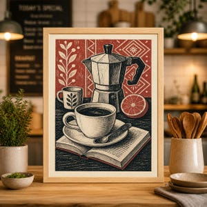 Könnte beinhalten: Ein gerahmter Druck mit einer Illustration zum Thema Kaffee. Das Kunstwerk zeigt eine Tasse Kaffee, eine Kaffeekanne, eine halbe Grapefruit und ein offenes Buch. Der Hintergrund hat ein rot-weißes Muster. Der Rahmen ist aus hellem Holz.