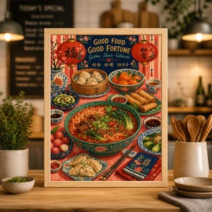 May include: A framed print featuring a vibrant illustration of a Chinese feast. The artwork showcases a variety of dishes, including noodles, dumplings, spring rolls, and oranges. The text "GOOD FOOD GOOD FORTUNE" is displayed above the food, along with Chinese characters.
