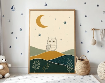 Póster minimalista de búho y luna, lámina nocturna escandinava, papel decorativo para la habitación infantil.