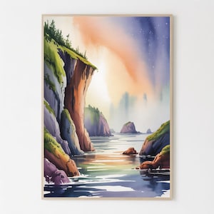 May include: A watercolour painting depicting a coastal scene with cliffs, water, and a vibrant sky. The cliffs are a blend of brown, purple, and green, with trees at the top. The water mirrors the sky's colours, creating a tranquil and natural vista.