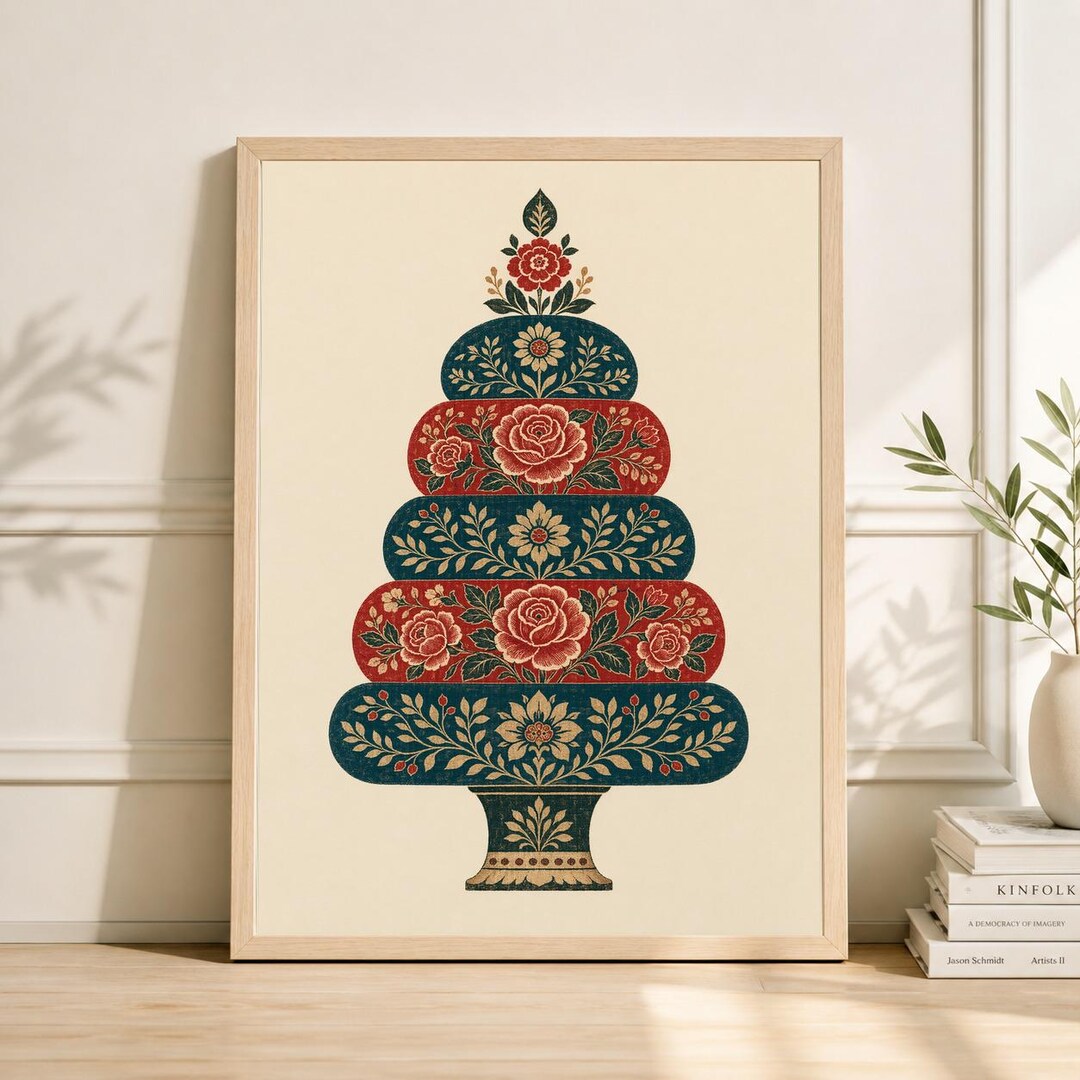 Red Green Matryoshka Poster, Floral Nesting Doll Folk Art