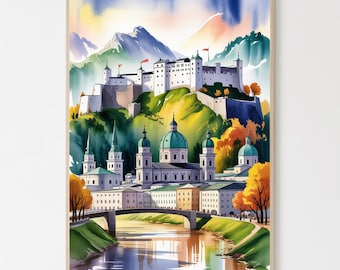 May include: Watercolor painting of a European city with a castle on a hill, a river, and a bridge. The buildings have white walls and green domes. The sky is a mix of blue, yellow, and orange. The artwork is framed in a light wood frame.