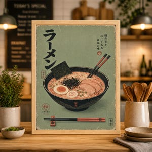 Puede incluir: Un póster enmarcado de estilo vintage con un cuenco de ramen con palillos. El póster presenta texto e ilustraciones japonesas, incluyendo un cuenco de fideos, huevo y carne. La paleta de colores es apagada con tonos de verde, marrón y negro.